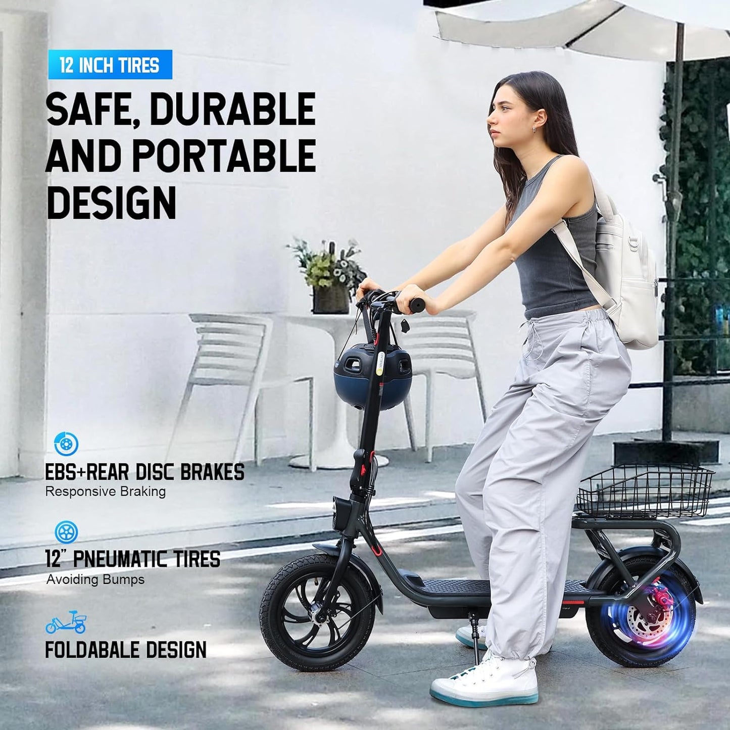 SISIGAD Electric Scooter with Seat 12" Pneumatic Tires, Peak 600W Motor, Top Speed 20Mph, 20 Miles Long Range, Folding E-Scooter for Commuting with Dual Braking System