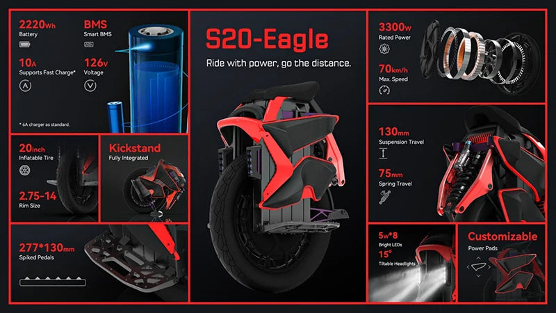 Pre-Order KS S20 Eagle E-unicycle Electric Unicycle EUC New Launch 70km/h 126V 2220WH