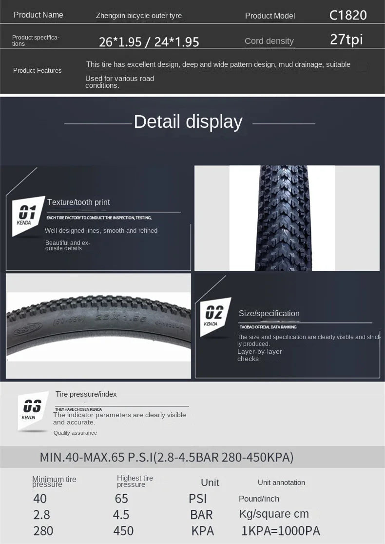 Bicycle Tires for 20/24/26/27.5 Inches Road Mountain Bike Tire 1.95 MTB Tire Ultralight Outer Tire Bike Bicycle Accessories