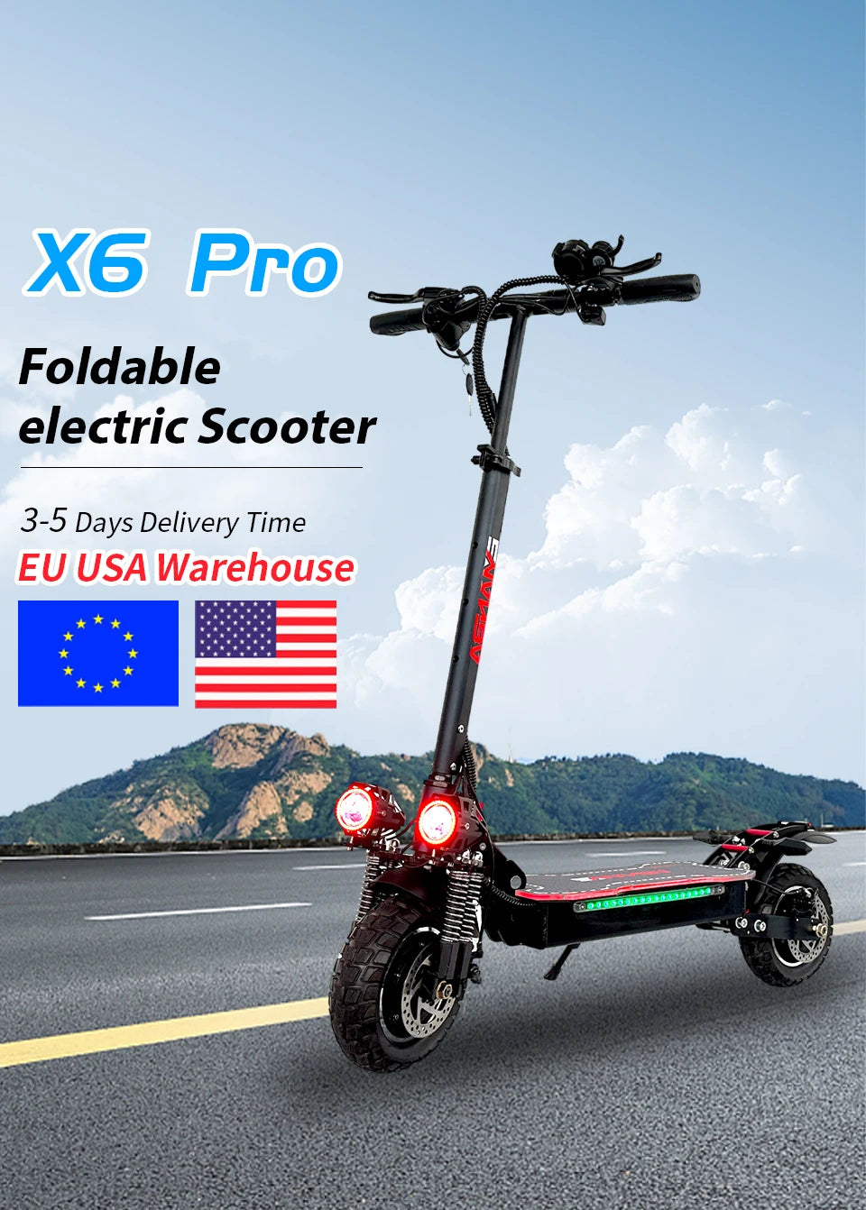 X6 PRO Electric Scooter USA Warehouse Dual Motor Off Road Foldable Adult Mobility E Scooter Electric 1200w 2400w 48v