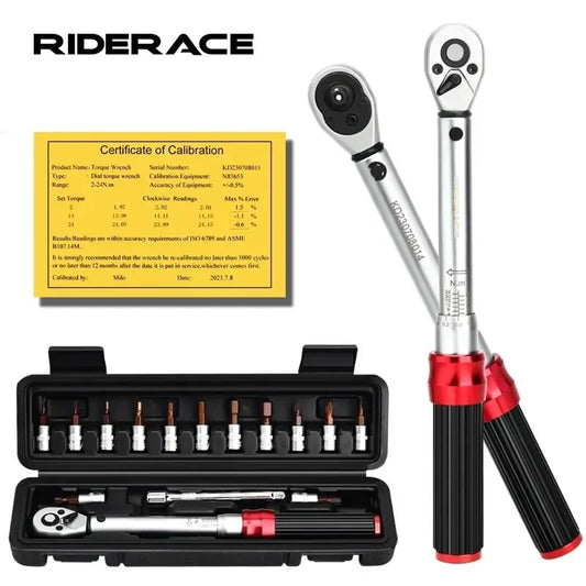 RIDERACE Bicycle Torque Wrench Set 15Pcs 1/4" 2-24Nm Dual Direction Bike Allen Key Tool Socket Spanner Pro Motorcycle Repair Kit