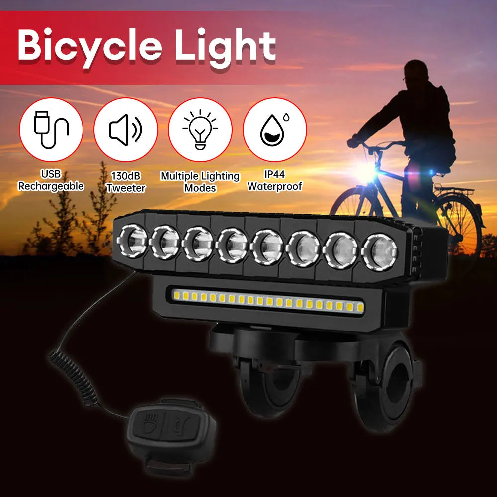 8 LED Bicycle Front Light USB Rechargeable 130dB Cycling Bike Horn Easy to Install 6 Modes Bicycle Bell Light Cycling Equipment