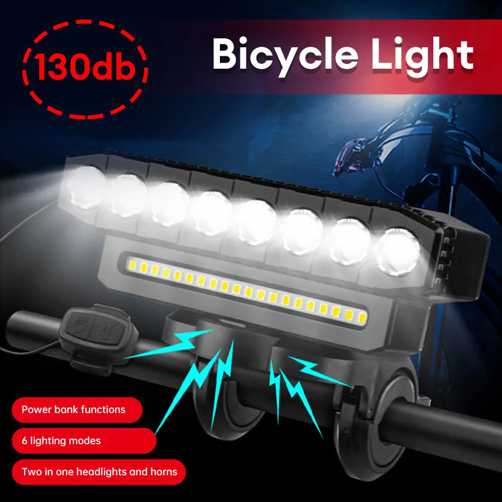 8 LED Bicycle Front Light USB Rechargeable 130dB Cycling Bike Horn Easy to Install 6 Modes Bicycle Bell Light Cycling Equipment